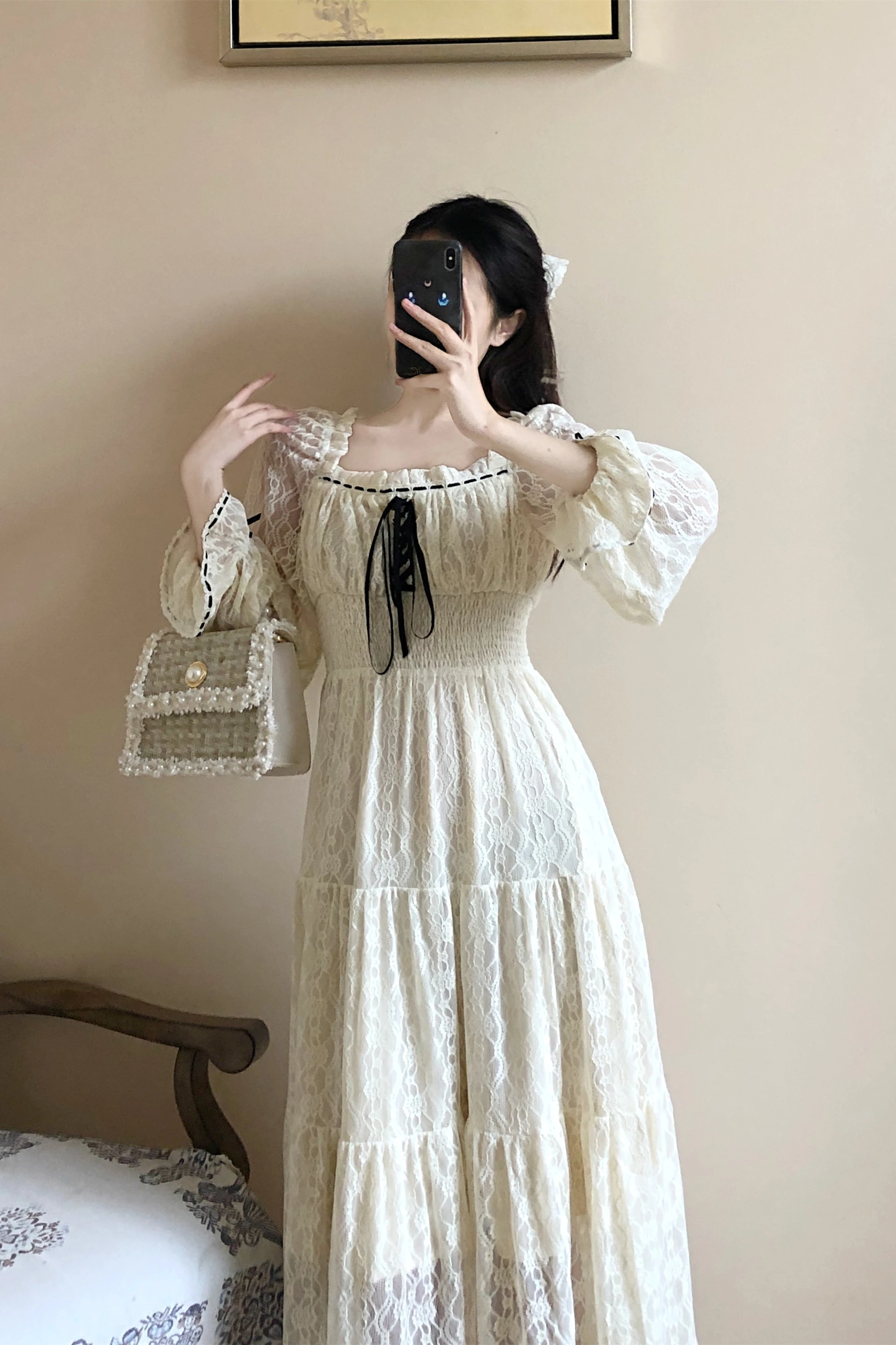 

SHENGPALAE Temperament Fairy Dress Women's Spring 2021 New Square Collar Lace Up Waist Long Flare Sleeve Lace Mid-dalf Dresses