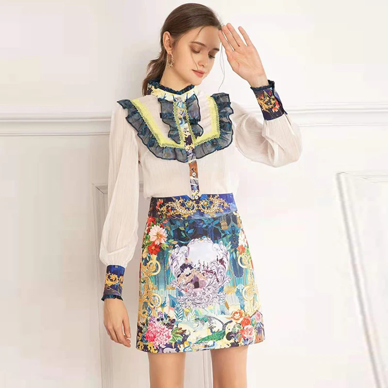 

AELESEEN 2 Pieces Sets Runway Fashion White Ruffles Shirt+Slim Mini Skirt Flower Print Beading Diamonds Elegant Twinsets