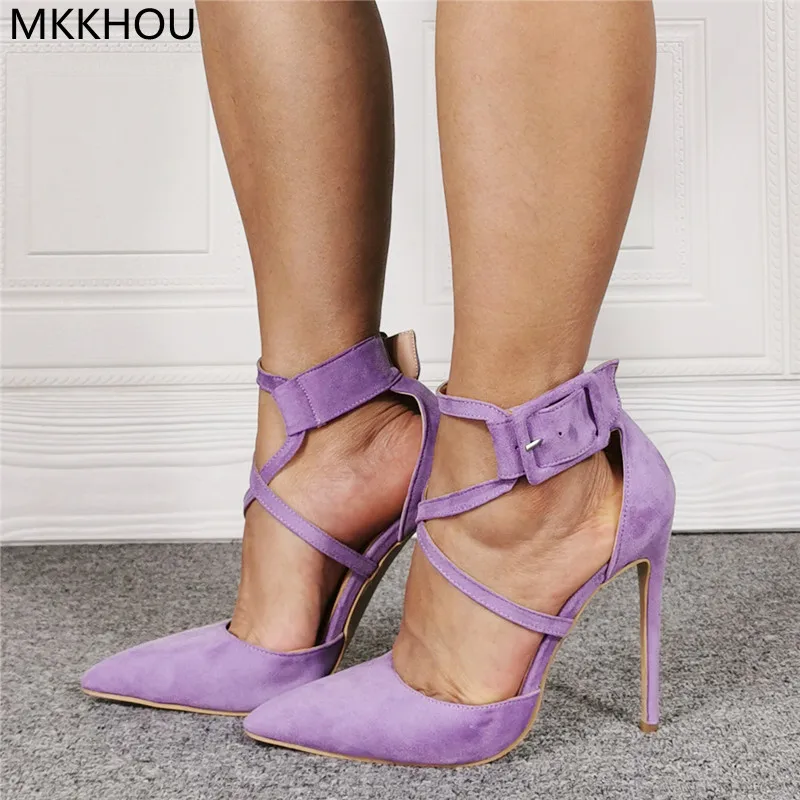 MKKHOU Fashion Pumps New Original Design Pointed Cross Ankle Buckle Stiletto 12cm High Heels Versatile Dress Shoes Banquet