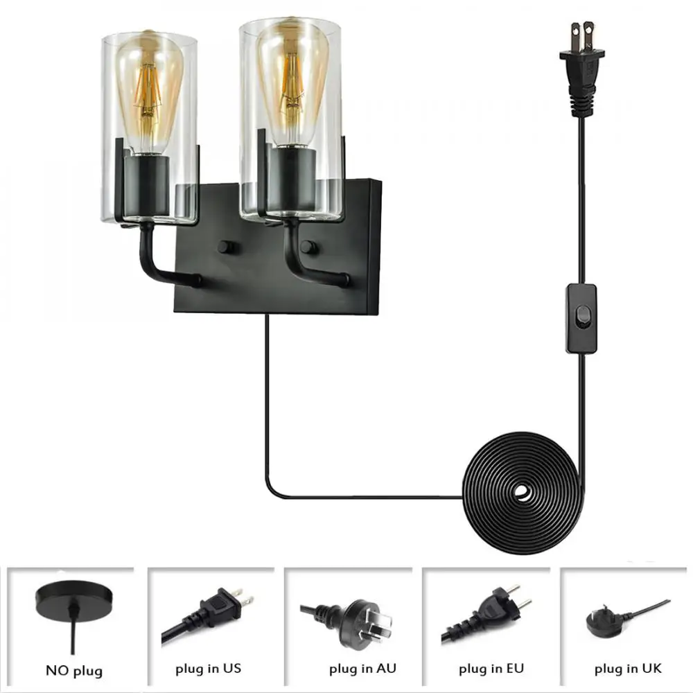 

2 Light Plug In Wall Sconces, Oil Rubbed Black Vanity Wall Light, Wall Lighting with Clear Glass Shade, Industrial Wall Lamp