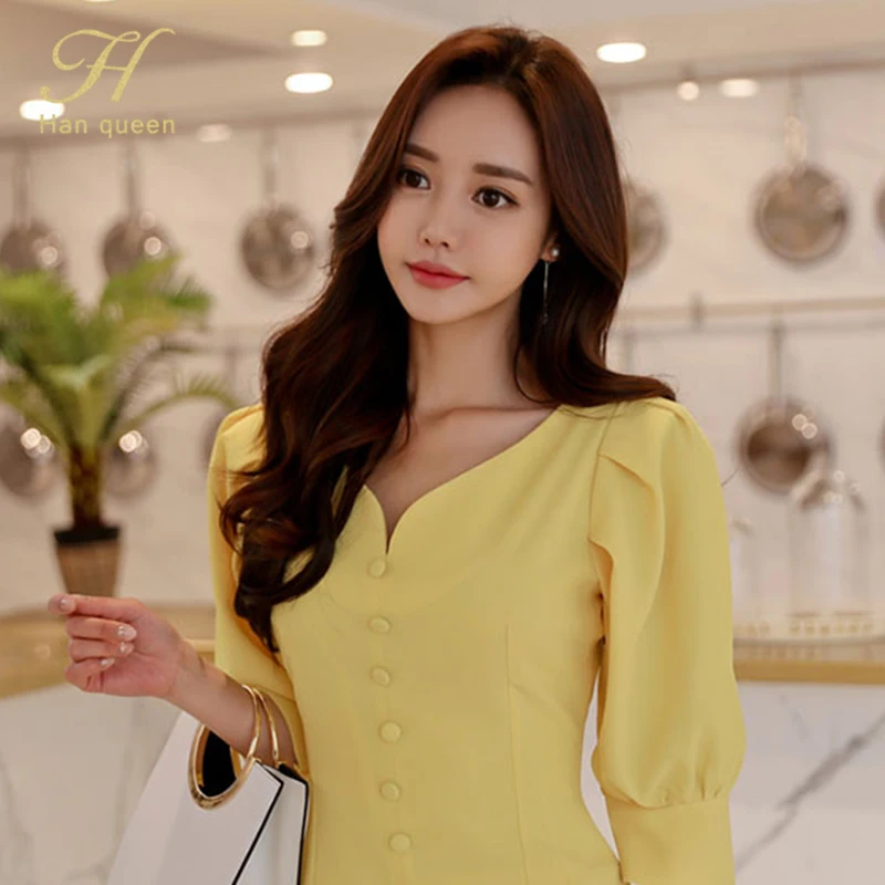 

H Han Queen 2021 Spring Sexy Sheath Pencil Dress Korean V-neck Single-breasted Puff Sleeve Work Party Slim Bodycon Dresses