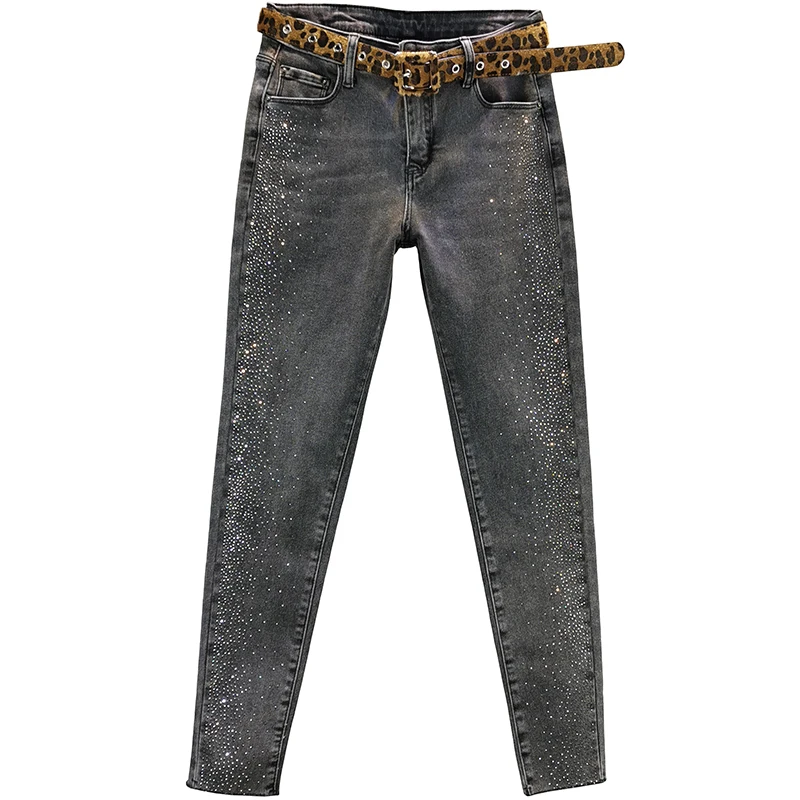 

Rhinestone shine denim women jeans summer new high waist pocket skinny solid sexy club ankle length female jeans top quality