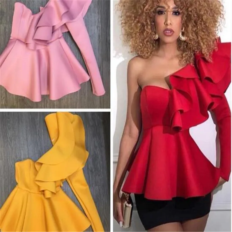 Женская блузка на Одно Плечо Топы пикантные Пеплум с оборками Тонкий вечерние