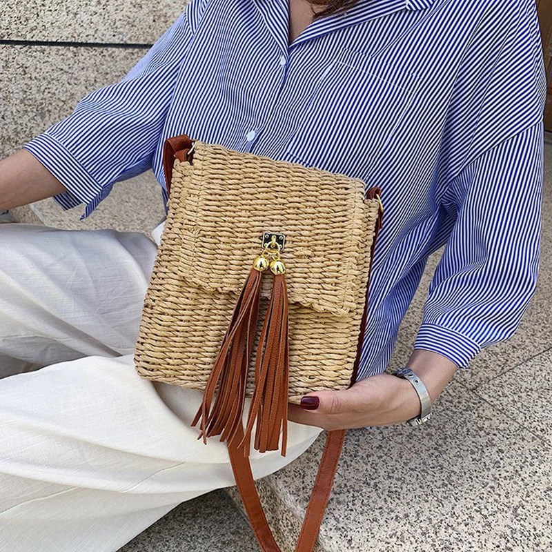 Женская Соломенная Сумка на бретельках с кисточками сумка-мессенджер пляжная