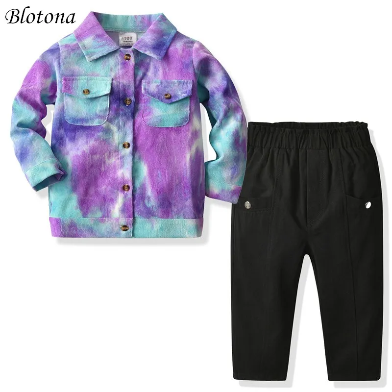 

Blotona Children Tie-dye Suit, Long Sleeve Lapel Collar Buttoned Shirt +Elastic Waist Long Pants 2Pcs Set for Spring Autumn 2-7Y