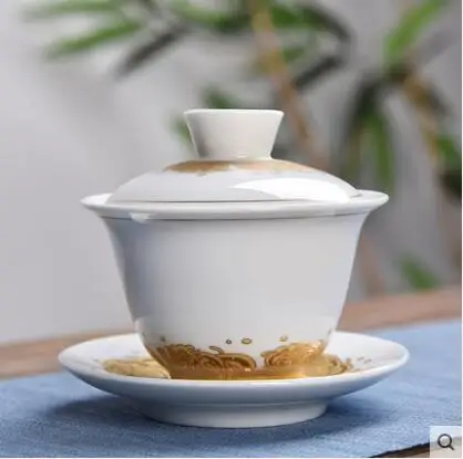 Керамическая чашка с тремя крышками стакан для чая большая сине белая фарфоровая