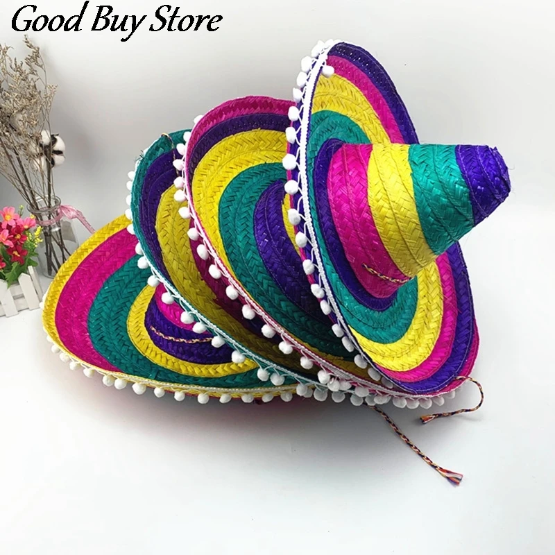

Oversize Panama Men Women Party Sun Caps Natural Straw Mexican Hat Fashion Raffia Carnival Sombrero Colorful Striped Bucket Hats