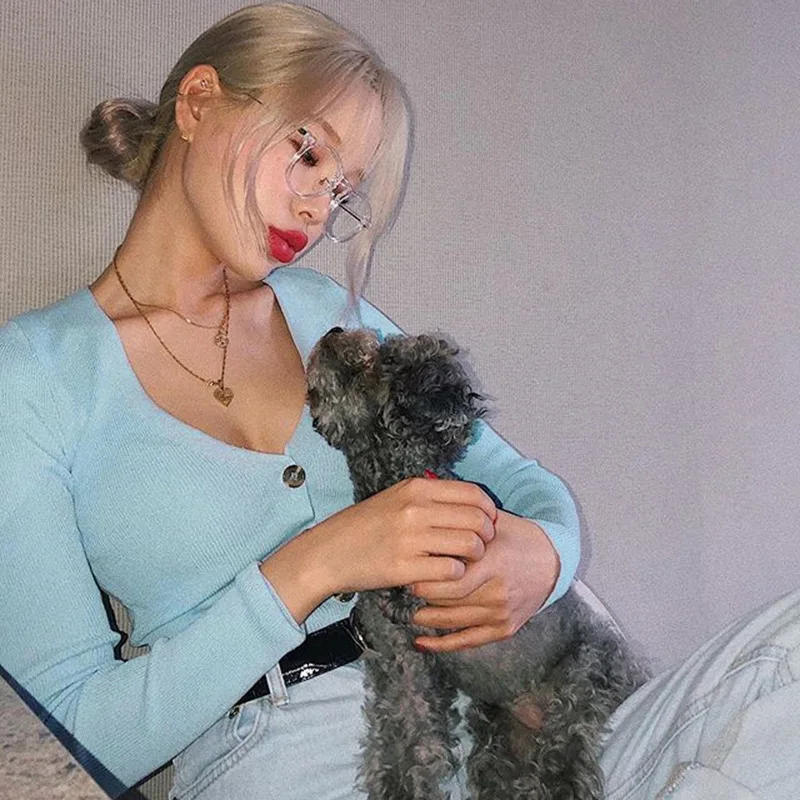 Женский ТРИКОТАЖНЫЙ УКОРОЧЕННЫЙ ТОП She style синий топ на пуговицах с v-образным