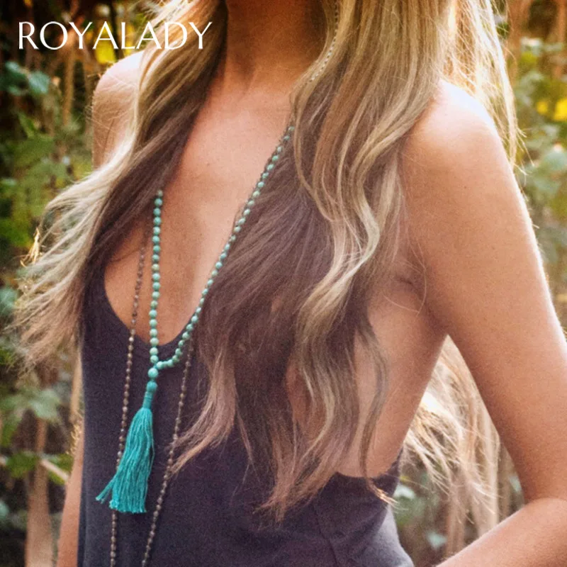 Богемная зеленая бирюза бусы длинное ожерелье для женщин бахрома кисточка кулон