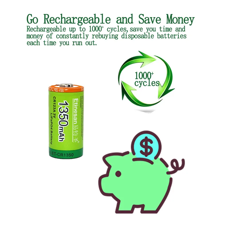 4pcs CR123A 1350mAh 3v Li-ion Battery Rechargeable Etinesan Batteries + 123A Charger |