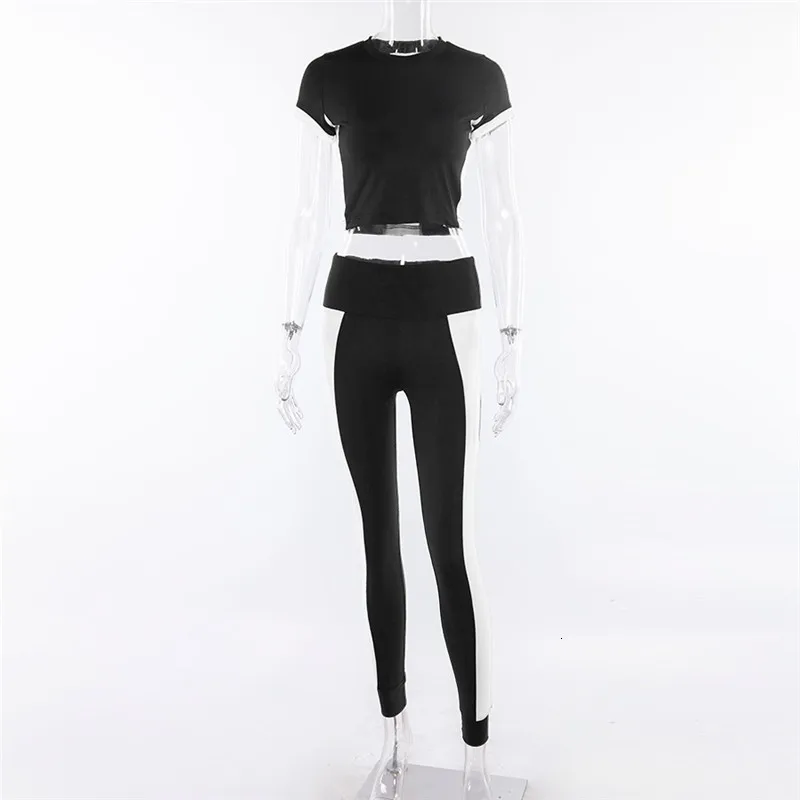 

Women Gym Clothes Sport Set Black Short Sleeves Crop Top Breathable Hip Up Fullpant Womens Fitness Suits Yoga Set Sportswear