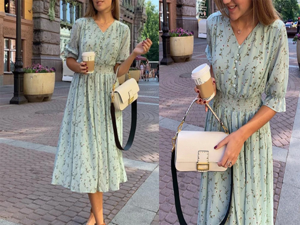 

Women floral print dress summer Elegant short sleeve a line v neck green dress Smock high waist dress office Dress