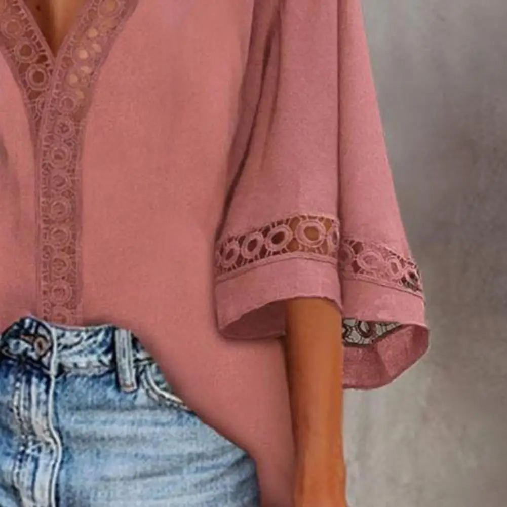 

Summer Tops Women Blouse Solid Color Loose 4 Colors Women Hollow Out Lace Stitching flared sleeve polyester Women Blouse