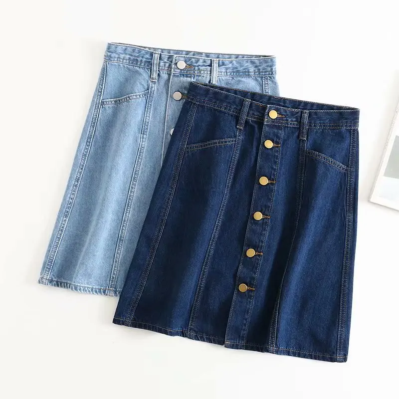 FICUSRONG Women Single-Breasted Jeans Skirts 2020 Summer Female Streetwear Cotton Knee-Length Natural Straight Solid Denim Skirt | Женская