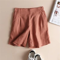 summer solid color linen knee length pants high waist loose cotton linen wide leg pants women