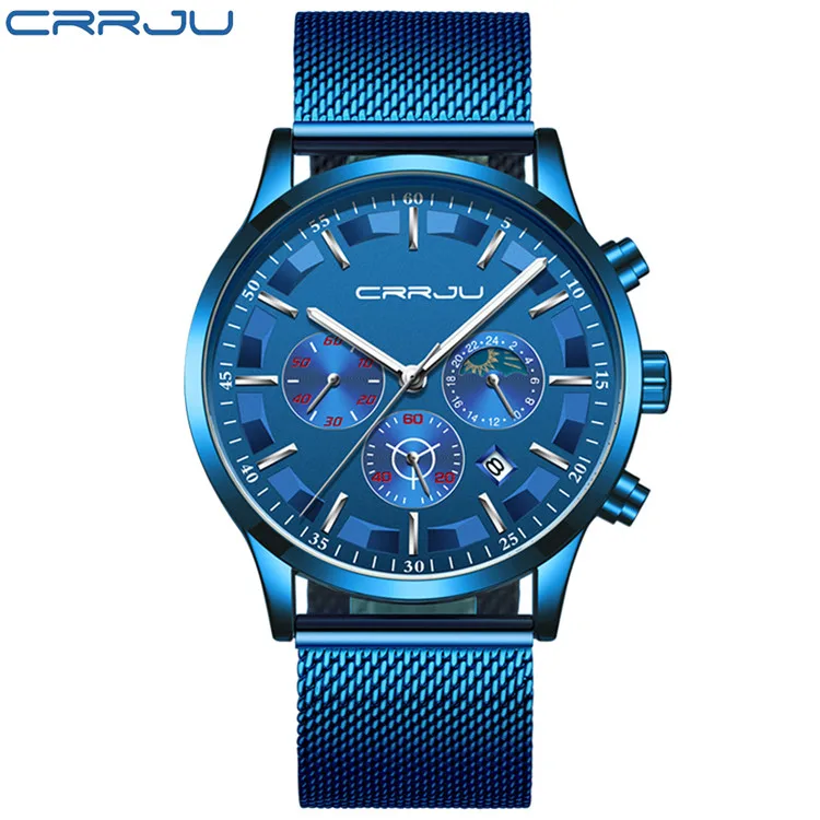 M blue Silver CRRJU мужские часы Топ бренд Роскошные Модные Бизнес Кварцевые часы мужские спортивные полностью стальные водонепроницаемые черные часы Relogio Masculino - Цвет: M blue Silver