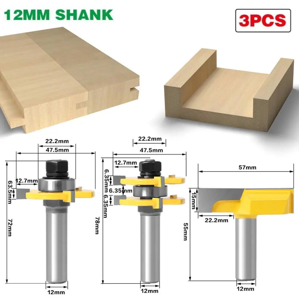 1 3 шт 12 мм хвостовик Язык и паз маршрутизатор бит Набор инструментов с нижней