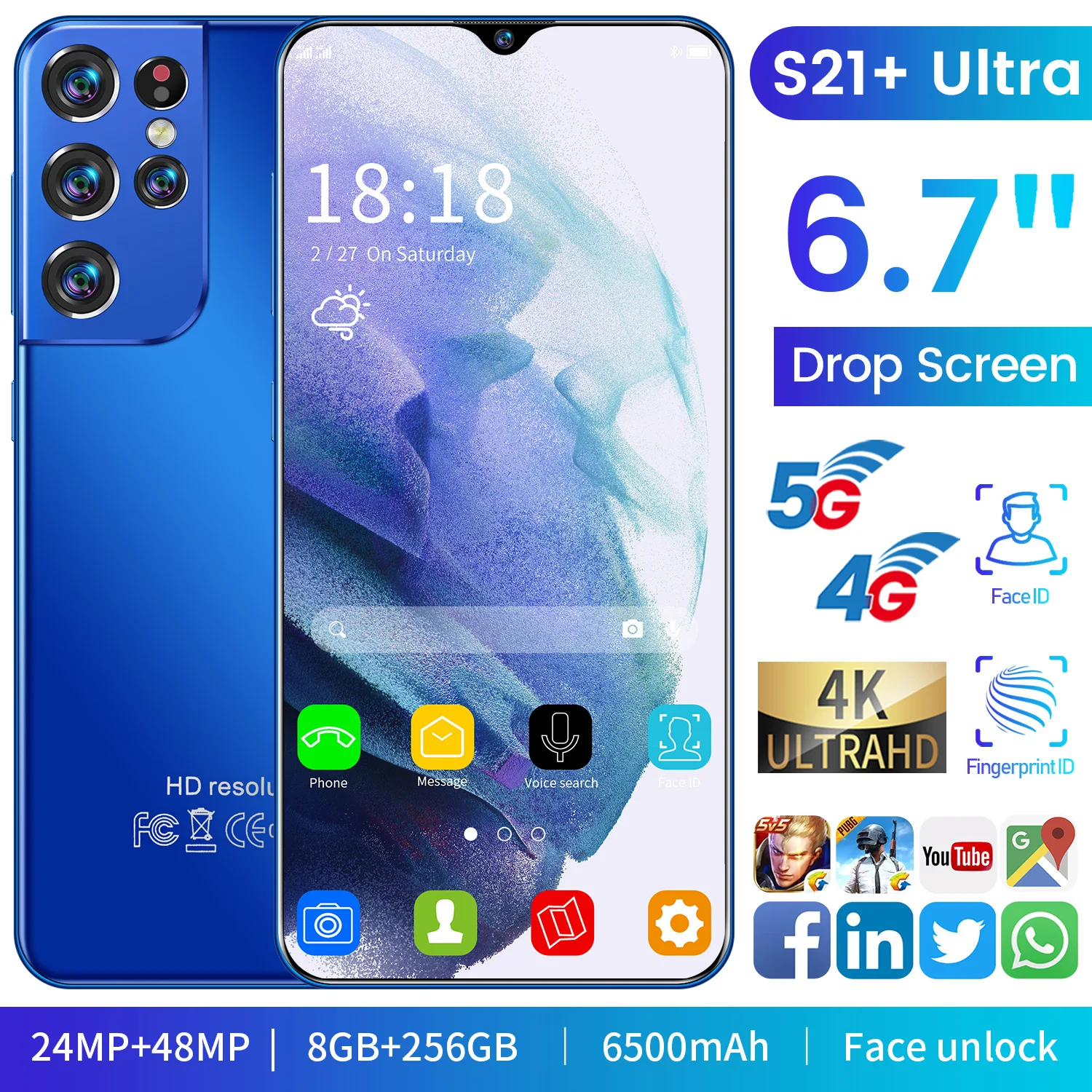 

Galxy S21+Ultra MTK6889 11 Core 6.7 Inch HD+ 1440*3200 5G Smart Phone 8GB+256GB 24MP+48MP 6800mah Andriod 11 Face ID Cellphones