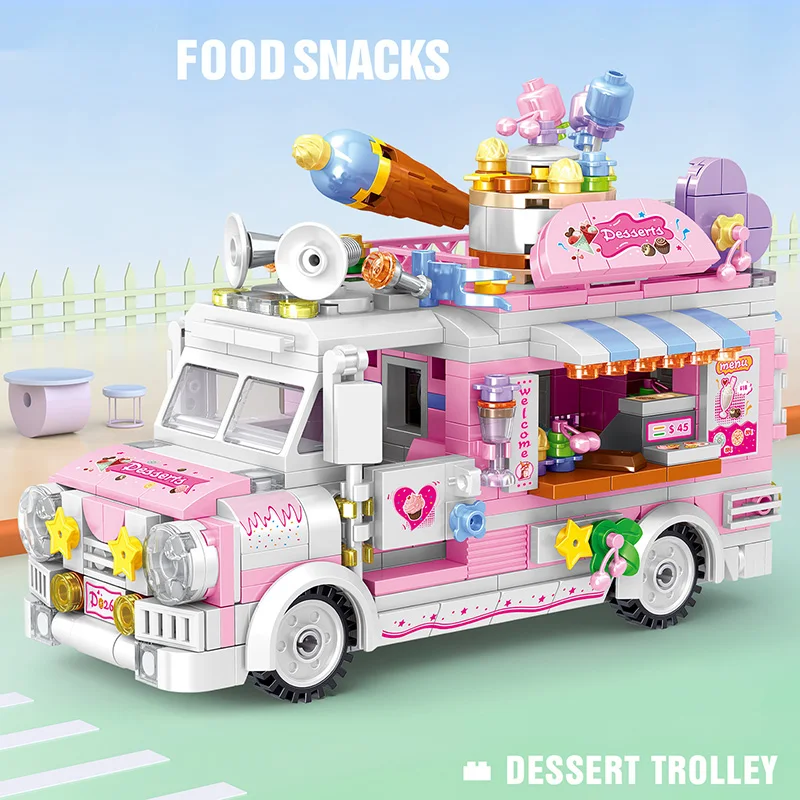 City Food Snacks Car Micro Building Block DIY Fruit Sushi Cart Dessert Trolley Hamburg Ice Cream Truck Mini Bricks Toys Kids | Игрушки и
