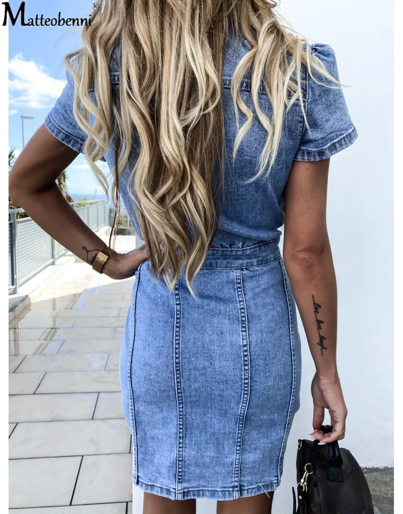 

Autumn Women Short Sleeve Button Up Knee Length Pencil Denim Dress Vintage Sexy Casual Bodycon Midi Jeans Dresses Streetwear