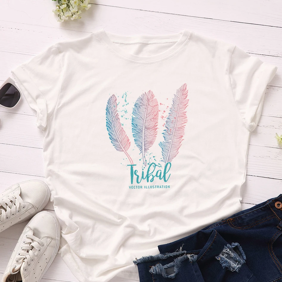 

Summer Plus Size Women Clothing S-5XL Oversized t-shirt Feather 100% Cotton Women Shirts O Neck Short Sleeve Tees Loose Tops