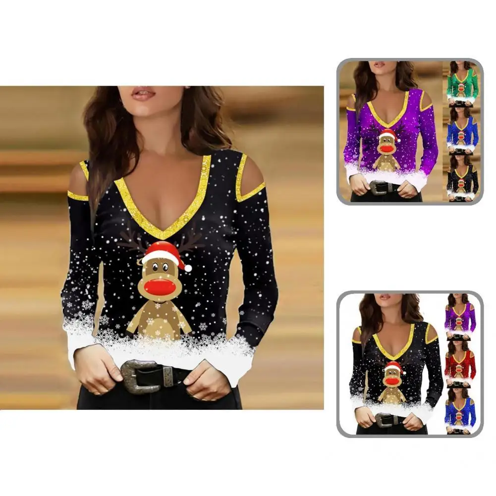 

Loose Stylish Flared Sleeve Christmas Women Top Festive Christmas Top Off-shoulder for Work