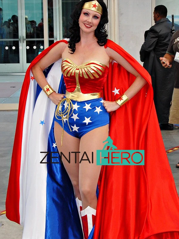Hot Super Heroine Goddess Wonder Girl Sexy Lady Hero Zentai Leotard Red/Blue/Gold Spandex Sexy Woman Bodysuit with Cape