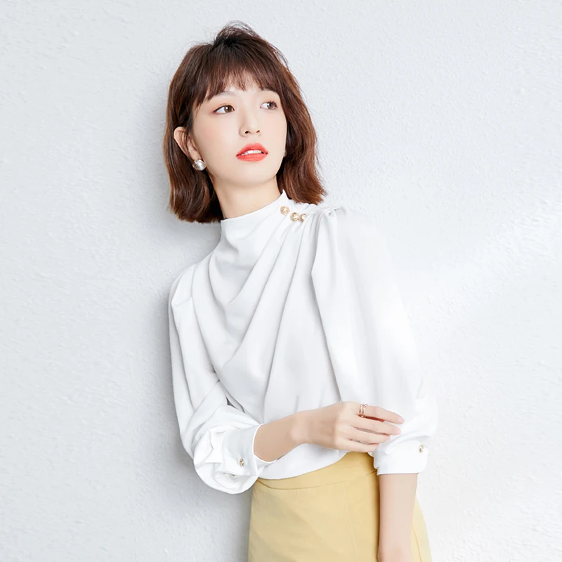 

Korean Style Spring Women Elegant Solid Chiffon Blouses Shirts Casual O-neck Long Sleeve Office Lady Vintage Oversize Buttons