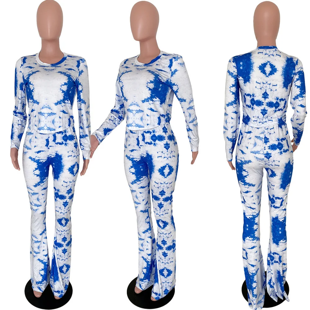 

Tie Dye Print Sexy 2 Piece Tracksuit Women's Set Long Sleeve Slim Crop Top and Bodycon Flare Pant Sweat Suit Lounge Wear Outfits