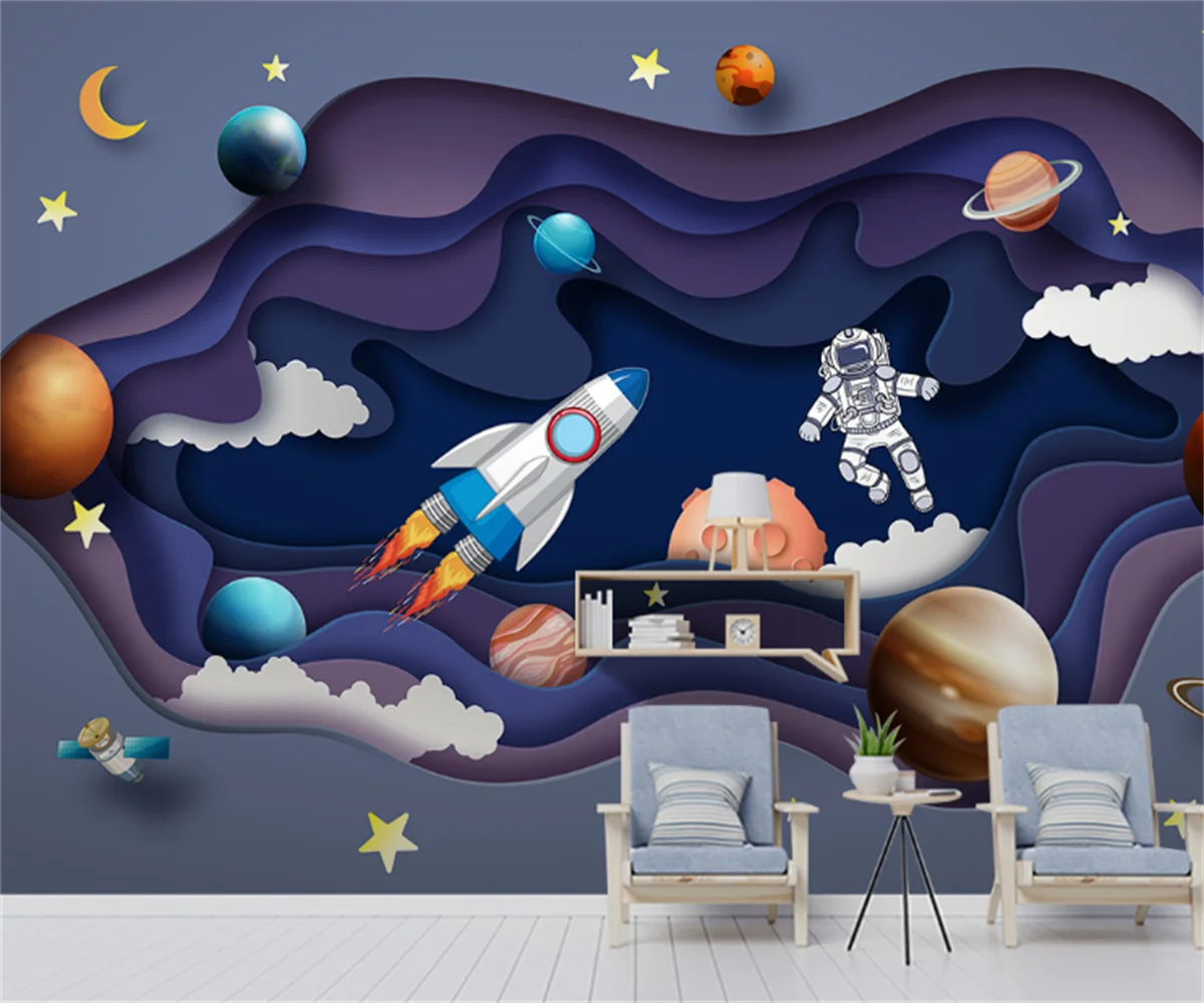 

Customize any size children’s room mural wallpaper universe space astronaut planet 3D paper-cut children’s room wallpaper papier