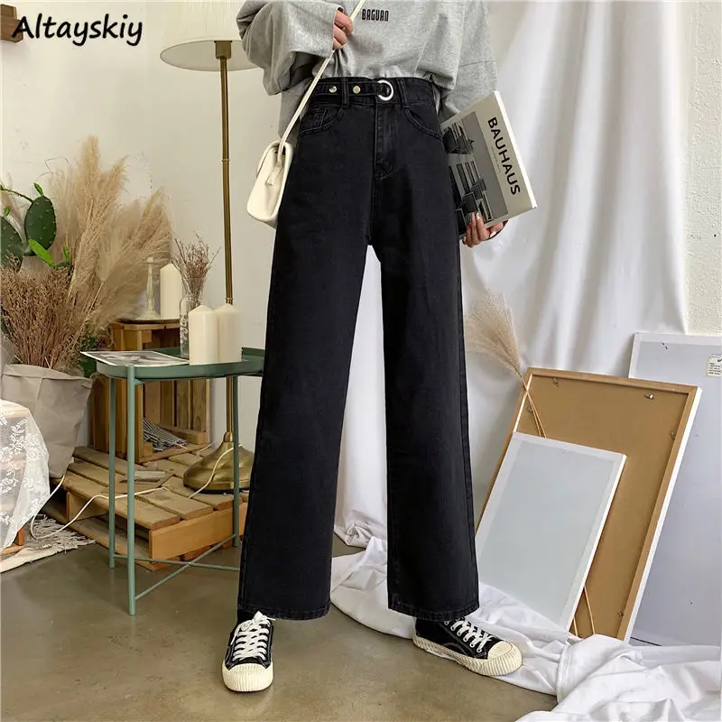 

Solid Black Jeans Women Teens Harajuku Streetwear Wide Leg Denim Trousers Chic Casual Bottoms Korean Fashion Students All-match