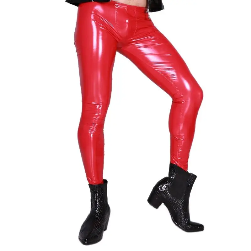 Сексуальные высокие эластичные Синие Блестящие Брюки карандаш из ПВХ облегающие