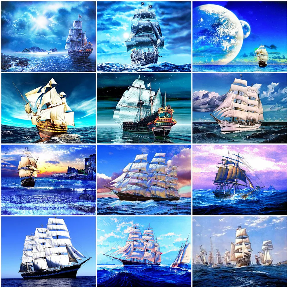 

HUACAN 5D Full Square Diamond Painting Sailbaot Mosaic Rhinestone Cross Stitch Landscape DIY Diamond Embroidery Ship Decor