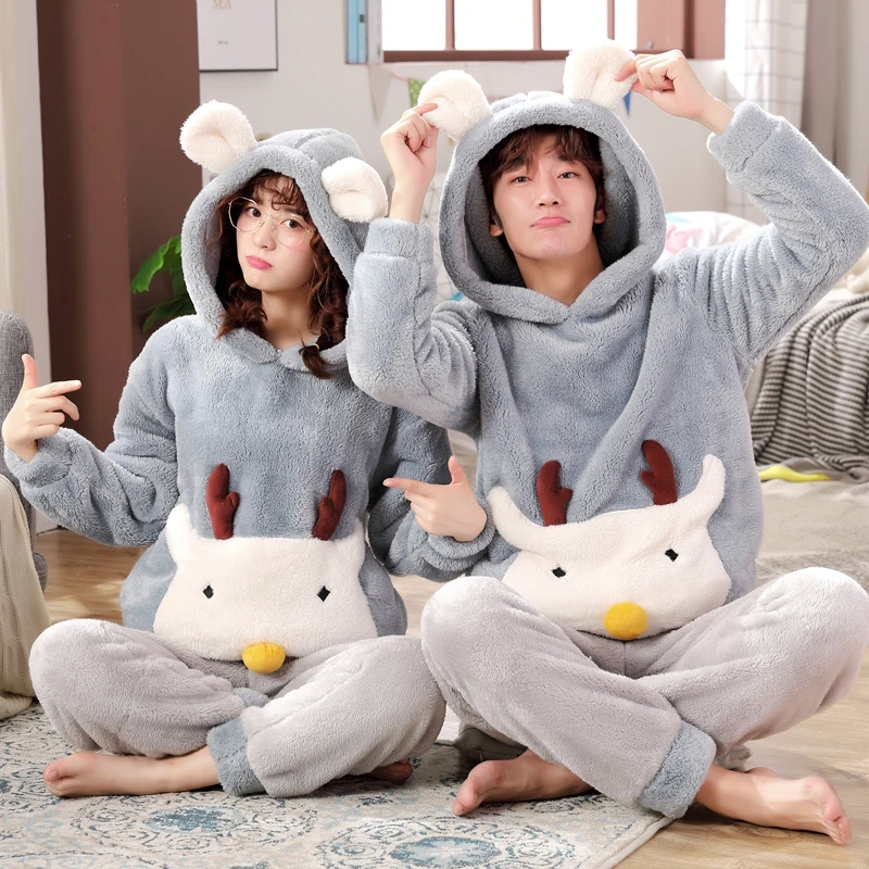 

Couple Flannel Thicken Warm Pajamas Set Unisex Adult Sleepwear Long Sleeve Pyjamas Cartoon Cute Homewear Female Winter Home Suit
