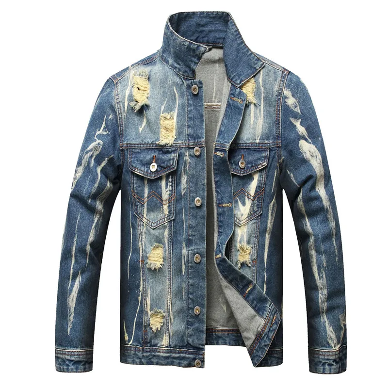

Мужская винтажная рваная джинсовая куртка KIMSERE, Потертая джинсовая ретро-куртка-тракер, облегающая модель, верхняя одежда, топы, одежда