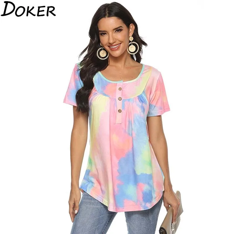 

Womens Plus Size Fashions T Shirt Tops 2020 Summer O-neck Short Sleeve Tie-dye Loose Casual T-shirt Streetwear Tee Shirt Femme