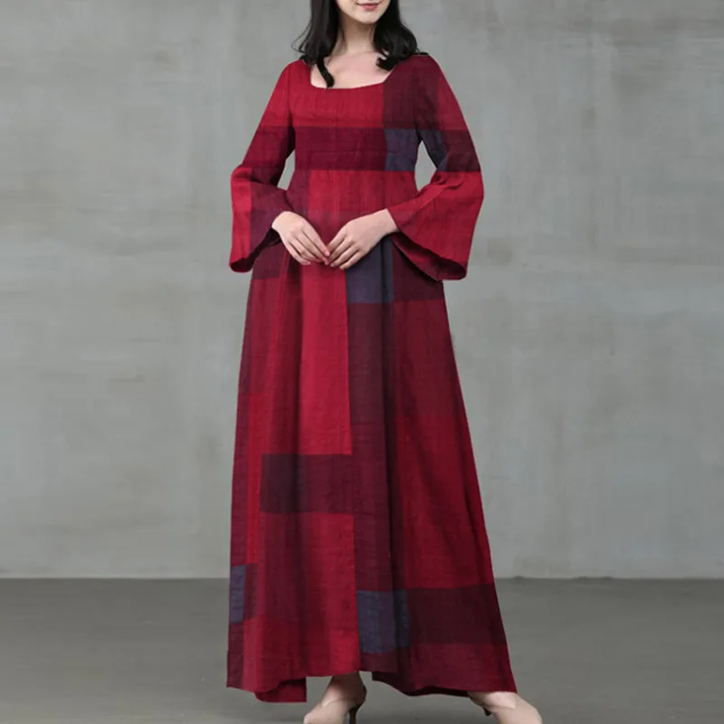 

Women Vintage Plaid Print Cotton Linen Dress Casual O-Neck Flare Long Sleeve Maxi Dress Ladies Spring Autumn Loose Dress Vestido