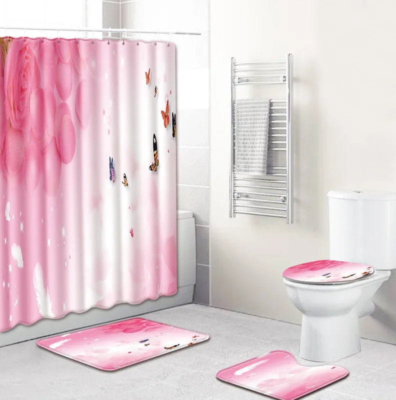 

Flannel Bath Mat and Rose Heart Printing Shower Curtain Set Bathroom Carpet Rug U-Shaped Rug Non-slip Foot Mat for Toilet