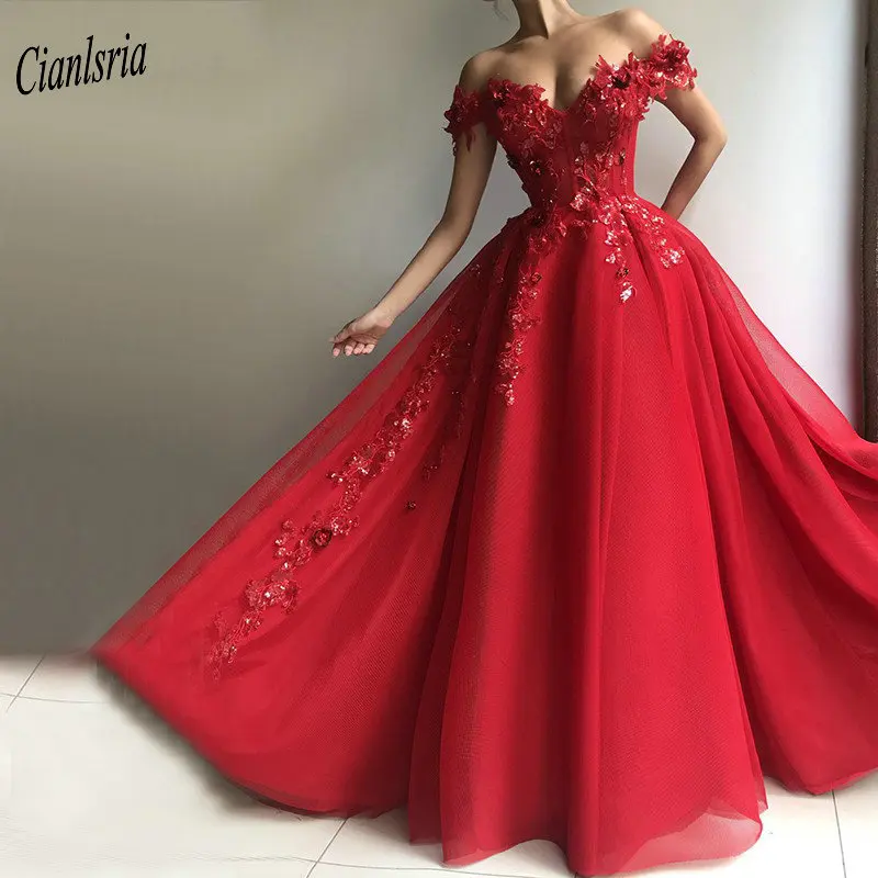 

Red Off The Shoulder Dubai Evening Dress With Handmade Beading Flowers Sequins Lace Saudi Arabic Formal Evening Party Dresses