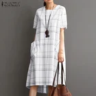 Элегантный Асимметричный Сарафан ZANZEA, летнее винтажное женское клетчатое платье с круглым вырезом и коротким рукавом, женская рубашка, платье-туника, Халат