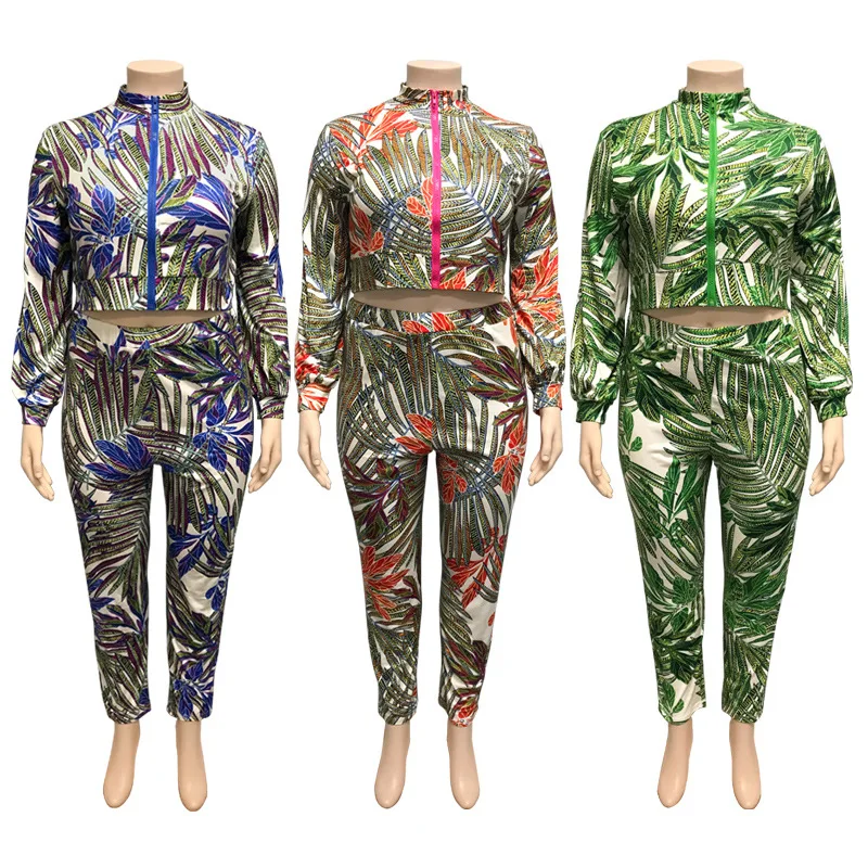 

Plus Size Leaf Print Tracksuit Women Zippers Cardigan Crop Tops And High Waist Pants 2 Piece Sets Sporty Workout Casual Suits