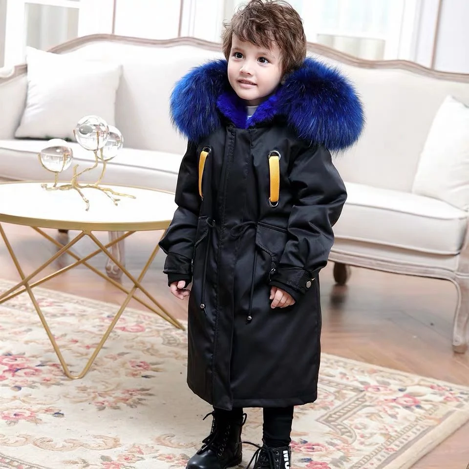Black Royal Blue B Новинка года; зимние меховые куртки для мальчиков и девочек плотное длинное пальто с натуральным кроличьим мехом; детская верхняя одежда; теплая детская парка с рукавами; TZ343 - Цвет: Black Royal Blue B