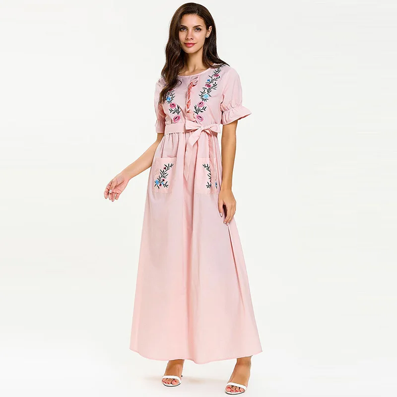 

Middle Eastern fashion girly bow belt long skirt Muslim short-sleeved ruffled embroidered summer pocket Slim dress