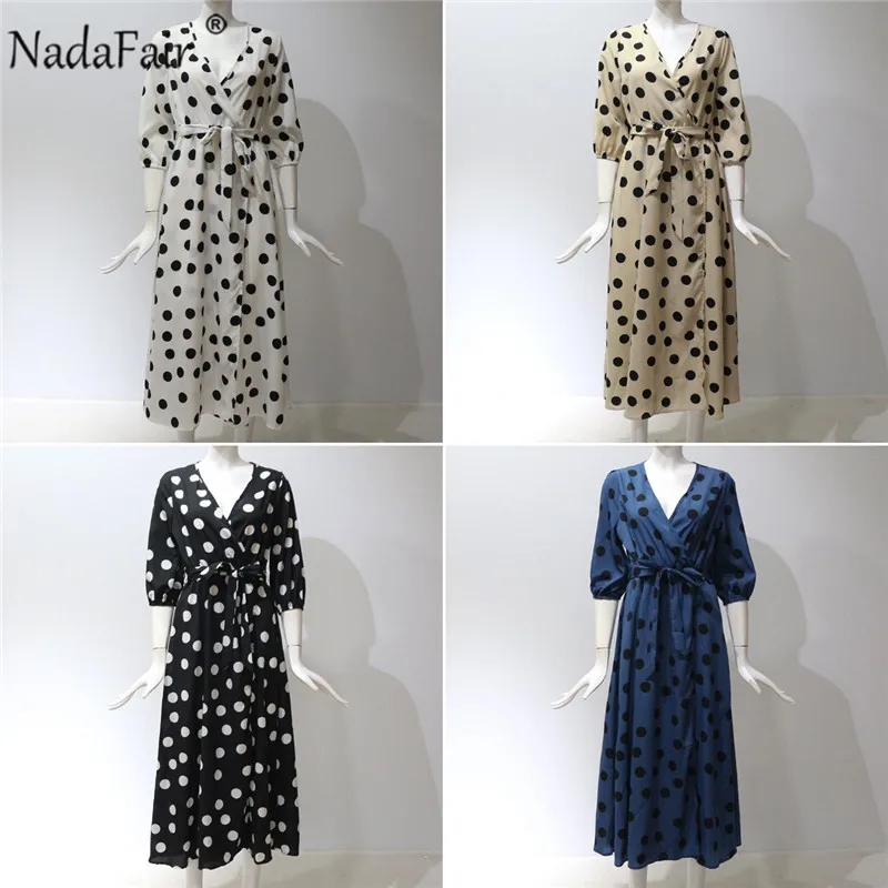 Женское шифоновое платье миди Nadafair белое или черное элегантное в горошек с