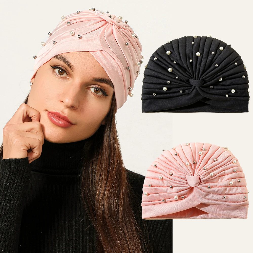 

New Elegant Crystal Pearls Turban Cap Ruched Knotted Turban Hat Women Muslim Hijab IslamicHead Scarf Ladies Head Wrap