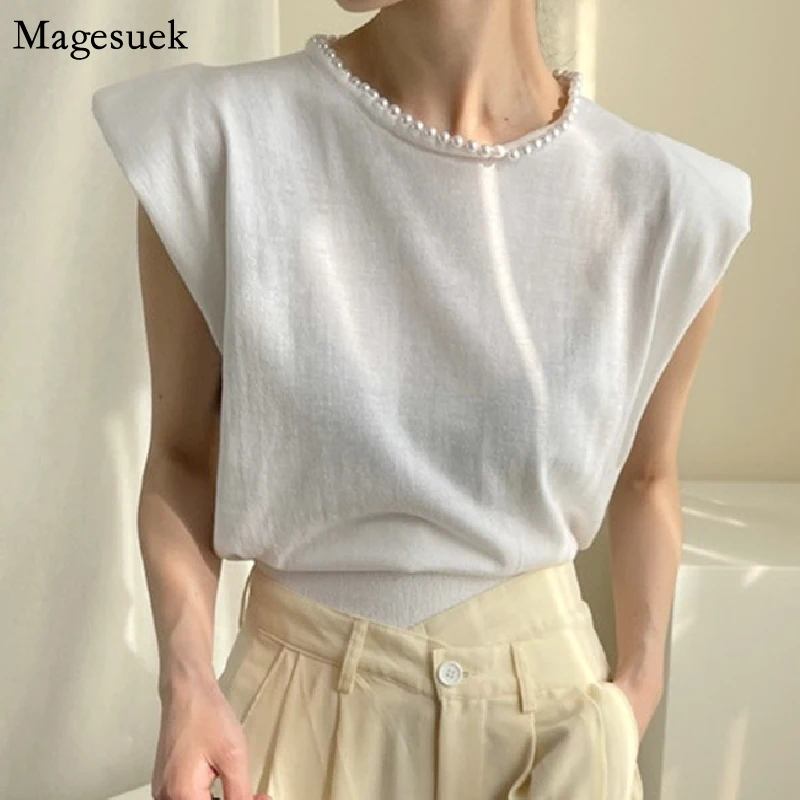 

Summer Knitted Women's Shirt Korean Chic O Neck Short Sleeve Elegant Woman Blouse 2021 Fashion Beading Loose Ladies Tops 14805