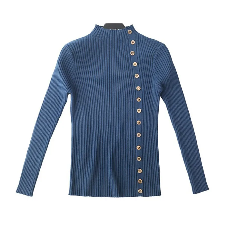 

Casual Women Thick Sweater Pullovers Autumn Winter Long Sleeve Button Half High Collar Sweater Female Soft Slim Knit Jumper Tops
