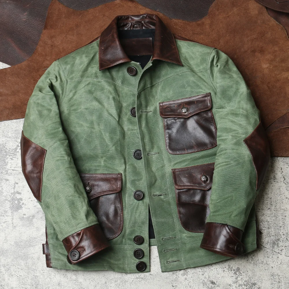 

Asian 18-24C Read Description! size Army style genuine cow canvas coat cowhide leather wax water proof jacket