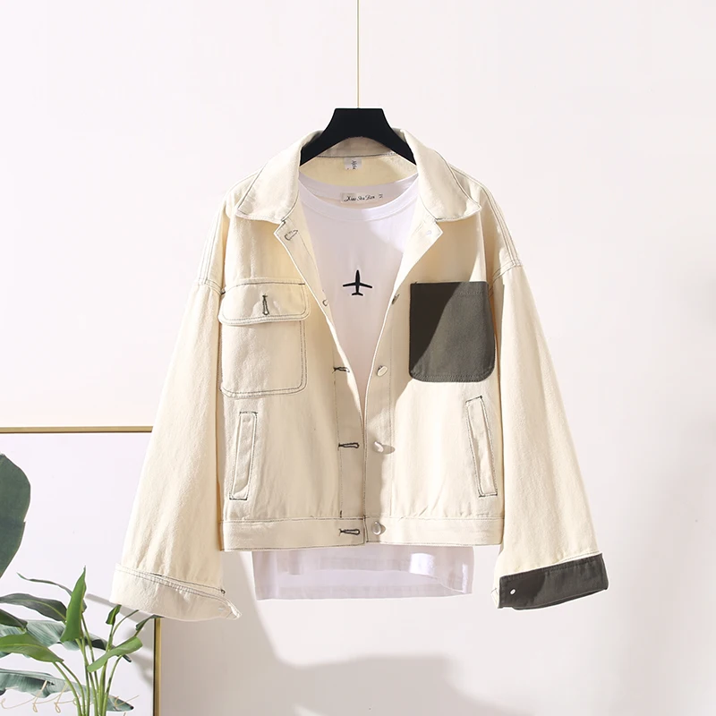 Женская ВИНТАЖНАЯ ДЖИНСОВАЯ КУРТКА свободного покроя с отворотом однобортная