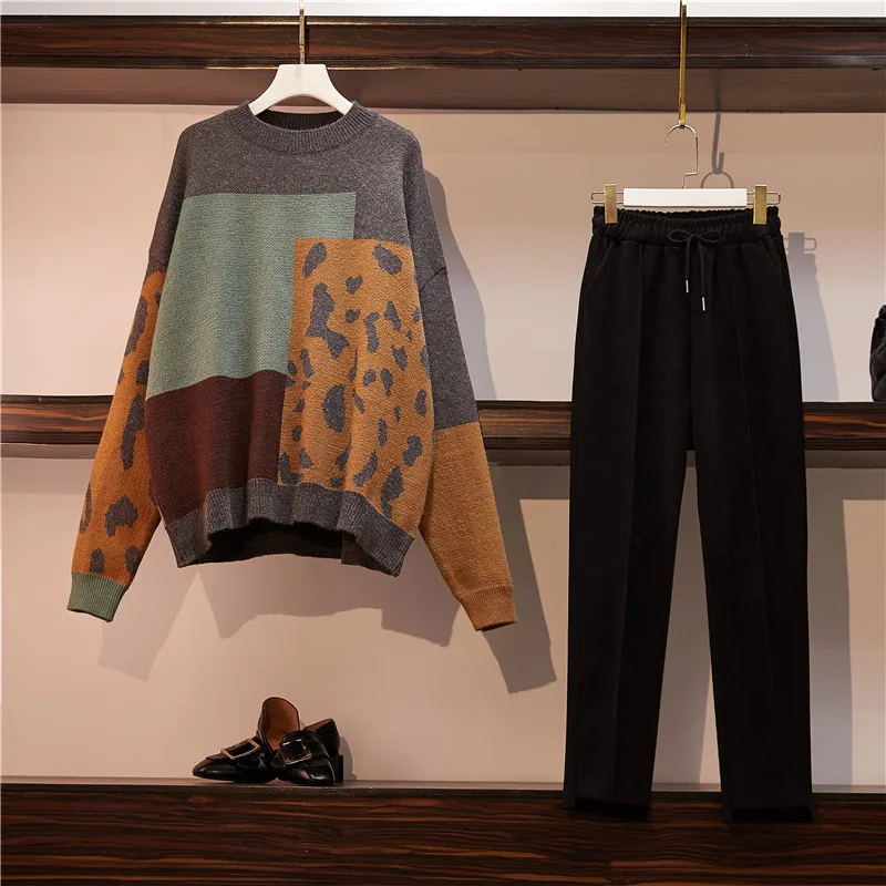 Комплект одежды большого размера женский свободный топ и брюки из твида| |